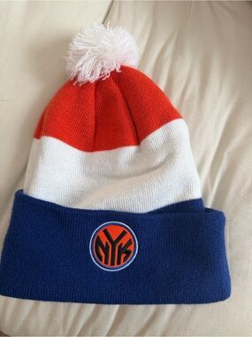 New York Knicks Kids Pom Beanie Hat - Blue White Orange